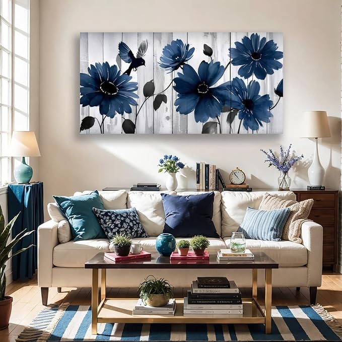 JLXART Large Blue Floral Canvas Wall Art, Modern Daisy Flower Print with Bird, Living Room Home Decor, Gray Wood Background Framed Office Home Decor Size 30 x 58 inch