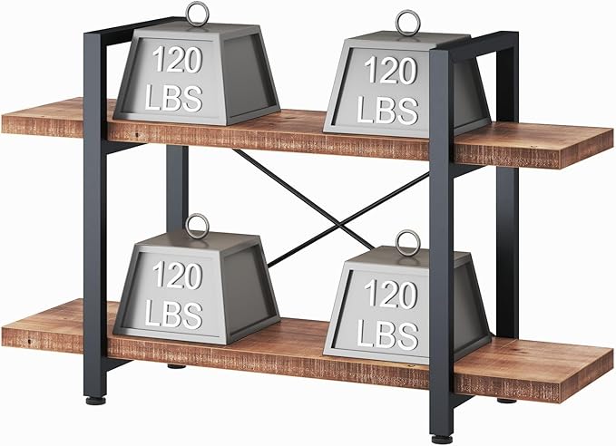 HSH Natural Real Wood Bookshelf, 2 Tier Small Rustic Vintage Industrial Etagere Bookcase, Low Open Metal Farmhouse Solid Wooden Book Shelf, 2 Shelf Bookcase for Living Room Bedroom, Distressed Brown