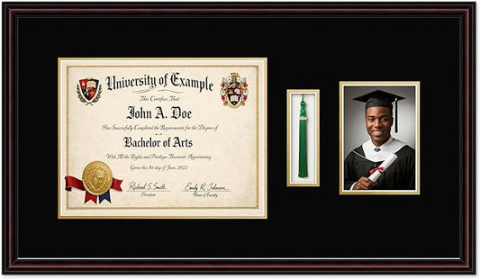 CountryArtHouse Diploma Tassel and Photo Shadowbox Fits 13 x 10 College Diploma (Traditional) with TASS Executive Brown Genuine Hardwood with Black Over Metallic Gold Double mat