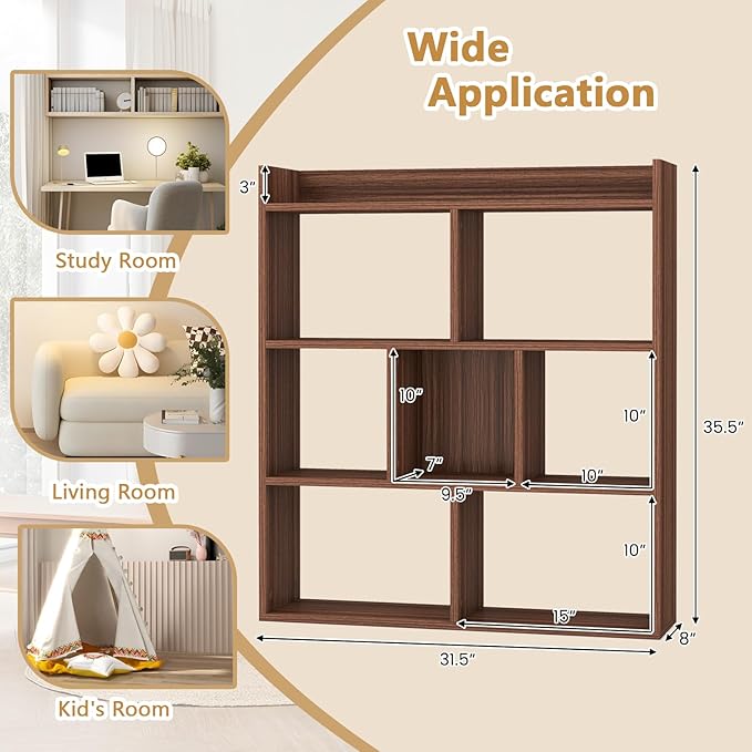Tangkula 7-Cube Bookshelf, Floor Standing Open-Back Bookcase with Anti-Toppling Devices, Wooden Geometric Bookshelf, 4-Tier Storage Display Shelf for Living Room, Study, Office (1, Walnut)
