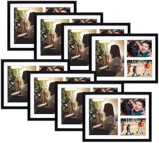 Golden State Art, Set of 8, 12x17 Black Wood Picture Frame - White Mat for 8x10 And 5x7 Photos - Tempered Glass, Sawtooth Hanger, Swivel Tabs - Wall Mounting - Great for Gift