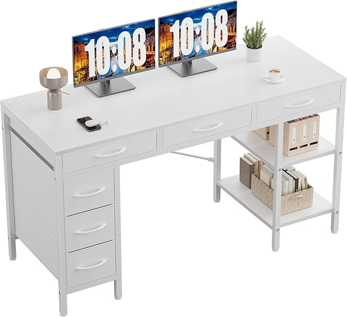 Sweetcrispy 55" Computer Desk with 6 Drawers, Home Office Gaming Desks with Storage Shelves for Bedroom, Writing Study Corner Living Room Work Table White