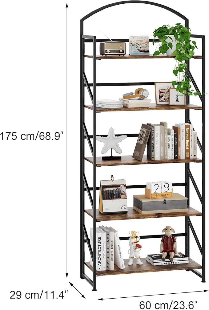 BHG Arched Bookshelf 5 Tier Shelf Storage Organizer Bookcase,No Assembly Folding Book Shelf for Living Room,Bedroom Home Office Rack Bookhelves
