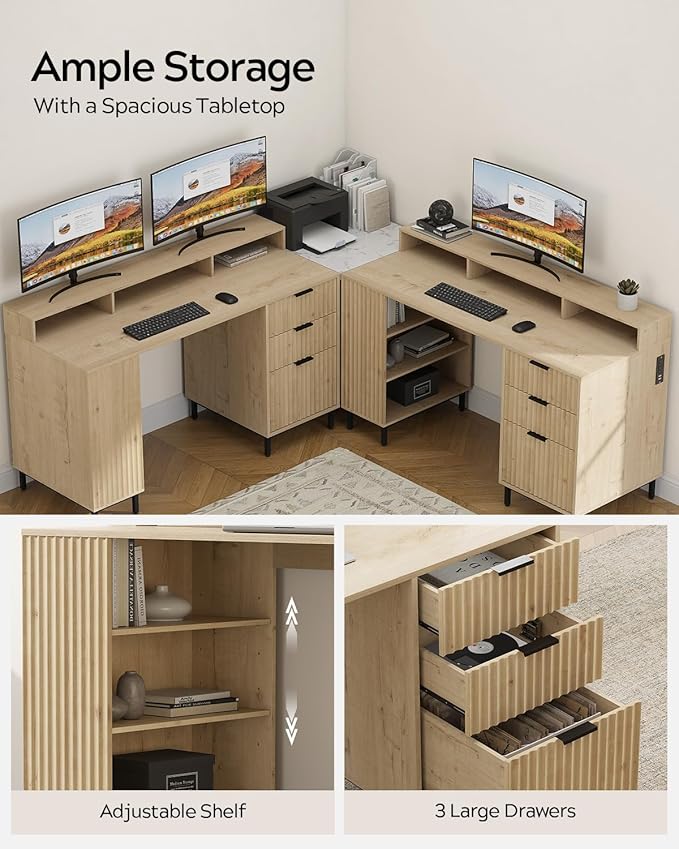 55" Fluted Executive Desk with Charging Station, Modern Wood Home Office Desk with with Storage Shelf & File Drawer, Writing Study Computer Table for Work Study, Light Oak
