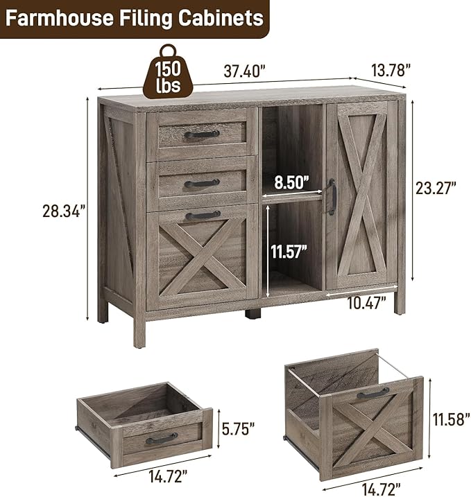 Vabches Lateral File Cabinet, Farmhouse 3 Drawer File Cabinet with Open Storage Shelf for Letter/A4/Legal Size Hanging Files, Large Wood Storage Cabinets Printer Stand for Home Office, Grey