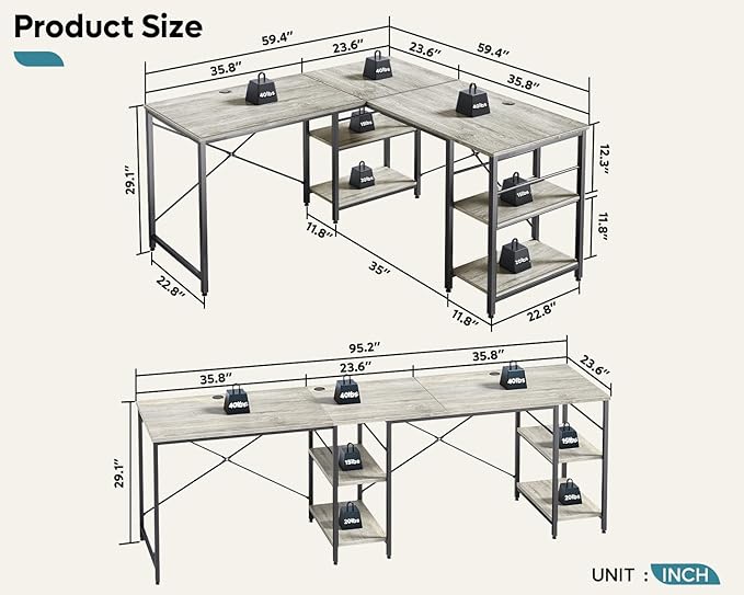 Bestier L Shaped Desk, 95.2 Inch Reversible Corner Computer Desk with Shelves, 2 Person Long Table for Home Office, Large Writing Storage Workstation with 3 Cable Holes, Rustic Brown, Grey Oak