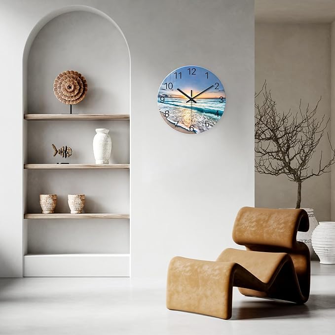 Blue Beach Wall Clock for Kitchen 14 Inch Round Coastal Clocks for Walls Analog Glass Wall Clock Non Ticking
