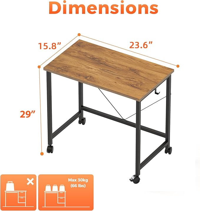Mericonia 24 inch Rolling Computer Desk with Wheels, Gaming Desk for Small Spaces, Modern Simple Style Table for Home Office, Study Writing Table
