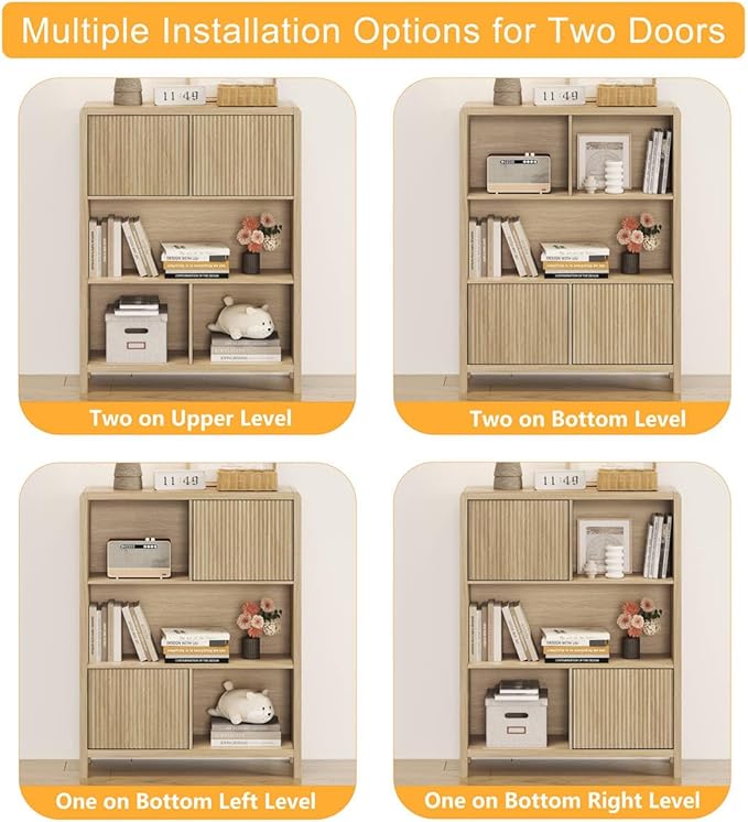 FATORRI Cube Bookshelf with 2 Doors, Wood Bookcase with Storage, Modern 5 Cubby Book Shelf for Home Office Living Room (Light Walnut)