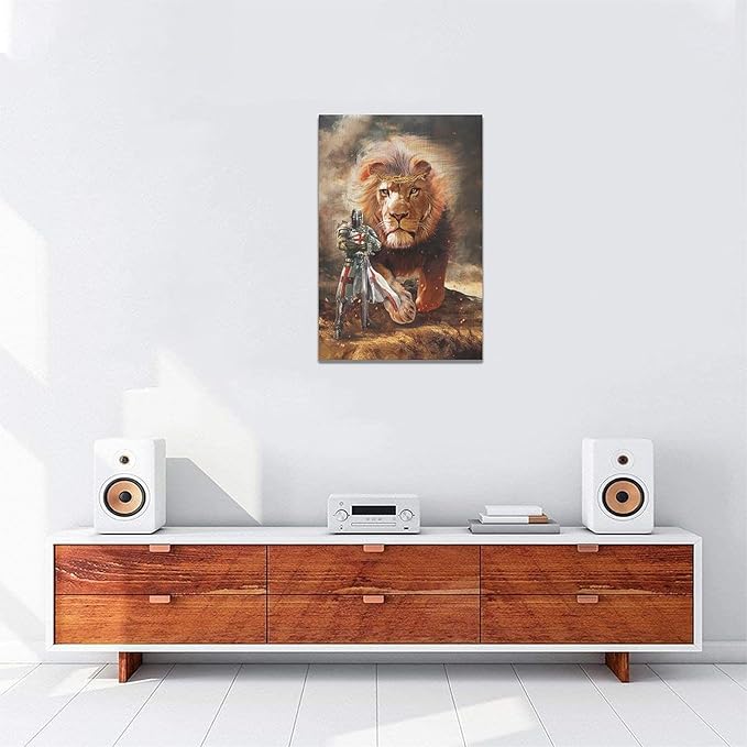 yerretin Christian Lion Of Judah Wall Art Lion Warrior Pictures Wall Decor Religious Knight Canvas Painting Home Decorations Artwork for Bathroom Bedroom Living Room Office Framed 16"x24"