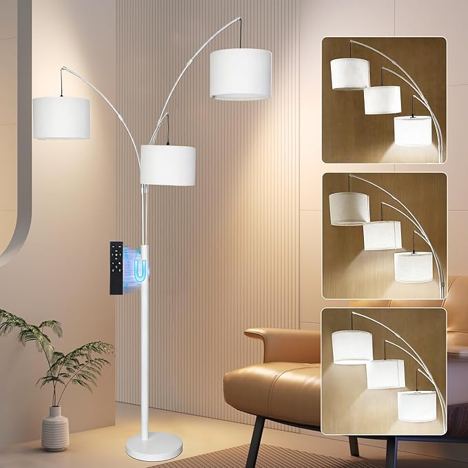 Dimmable Arc Floor Lamp, White Pole Standing Lamp with White Shade and Heavy Base, Remote Control with Stpeless Color Temperatures and Brightness for Bedroom, Office