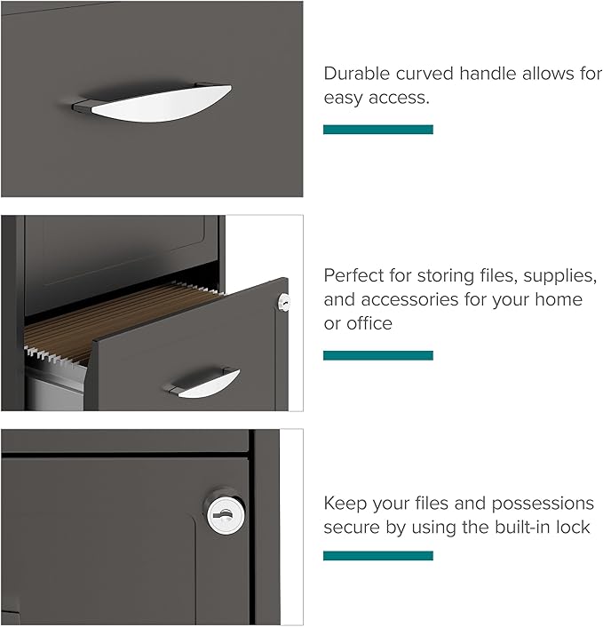 Space Solutions - 2 Drawer Fully Assembled Vertical Steel File Cabinet, Home & Small Office Use, Fits Under Most Desks, Letter-Size, Lock, Mobile, Metallic Charcoal