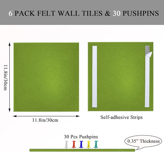 Green Felt Cork Tiles, 24" x 36" Large Cork Board, Bulletin Board for Christmas Decorations, 6 Pack Felt Boards with 30 Pushpins, Cork Boards for Office, Classroom, Home