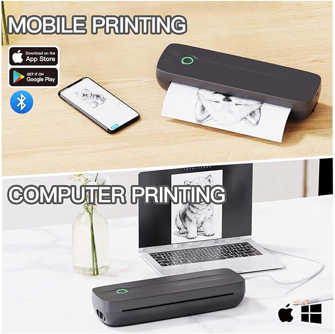 Portable Thermal Printer, Wireless Bluetooth Printer Support US Letter/A4/A5/4in/3in/2in Thermal Paper, Inkless Printer Compatible with iOS, Android & Laptop for Travel, Office, School, Vehicle
