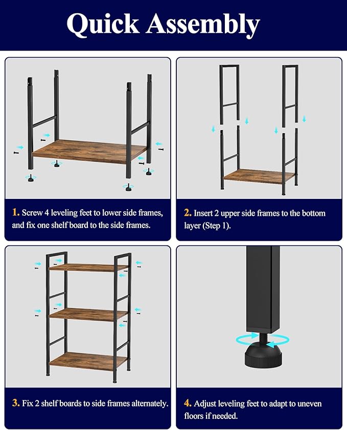 Kitsure 3-Tier Book Shelf - Wood & Metal Bookshelf with Handle & Adjustable Feet, Lightweight Bookcase for Living Room, Bedroom, Kitchen, Office or Dorm (16.5"×11.0"×28.1")