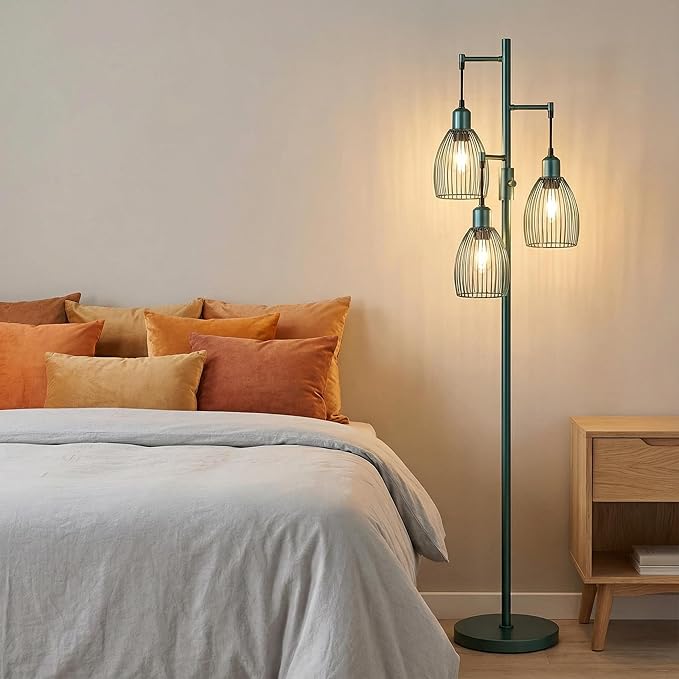Torondo Dimmable Industrial Floor Lamps for Living Room, Green Tree Standing Tall Lamps with 3 Elegant Teardrop Cage Head & 800 Lumens LED Bulbs for Bedroom Office