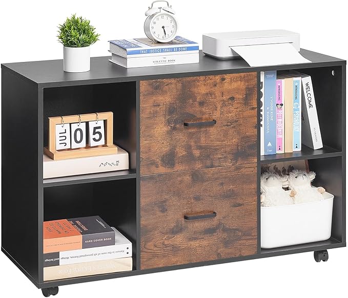 VEVOR 2 Drawer Wooden File Cabinet, Mobile Filing Cabinet with Open Shelves, Lateral Rolling File Storage with Lockable Wheels, Modern Free Standing Printer Stand for Home, Office, School, Black