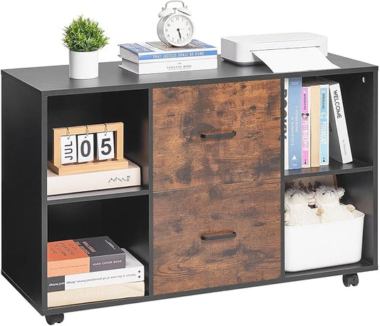 VEVOR 2 Drawer Wooden File Cabinet, Mobile Filing Cabinet with Open Shelves, Lateral Rolling File Storage with Lockable Wheels, Modern Free Standing Printer Stand for Home, Office, School, Black