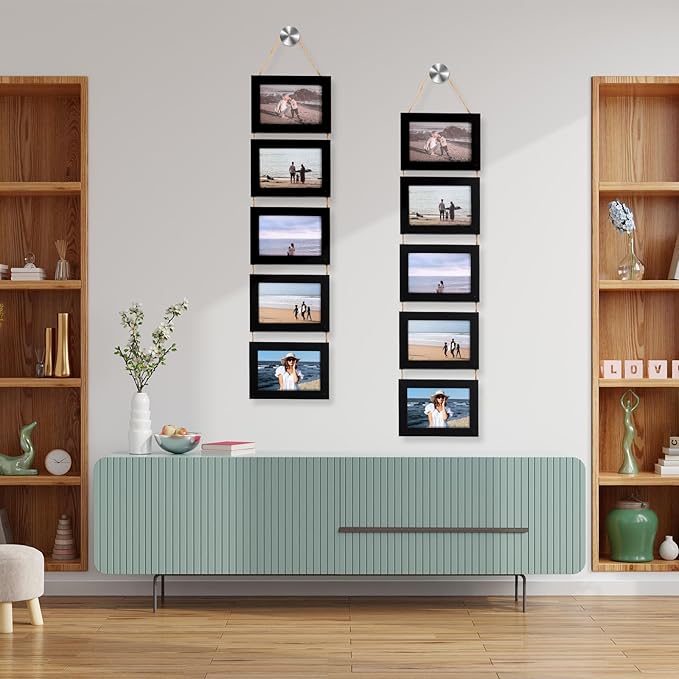 2 Pcs 4x6 Wall Hanging Picture Frames Collage with 10 Openings Picture Frame Collage With Rope - Rustic Black, Casual Style Engineered Wood Frames - Wall Mount Only