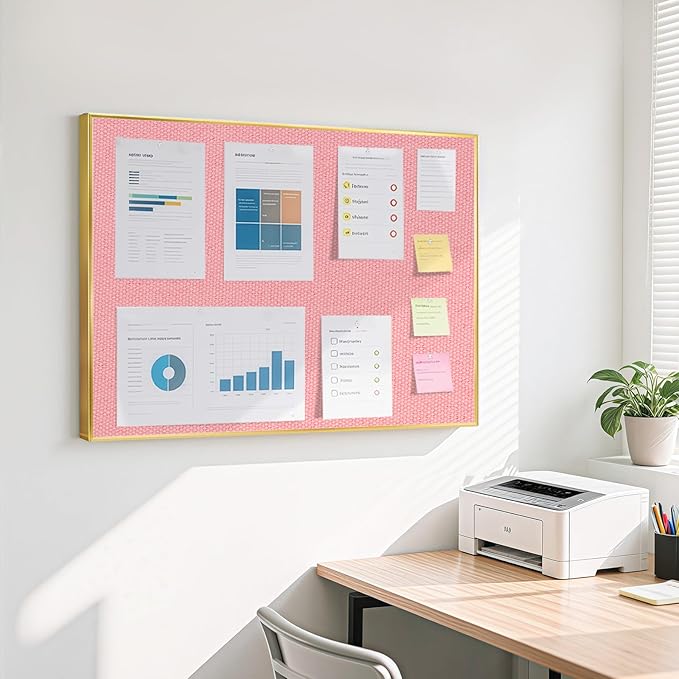 Linen Bulletin Board 36 x 24 Inches, Fabric Cork Board for Wall with Gold Aluminum Frame, Hanging Pin Board Tack Board for Home Office Room Decor, 10 Push Pins, Pink Linen