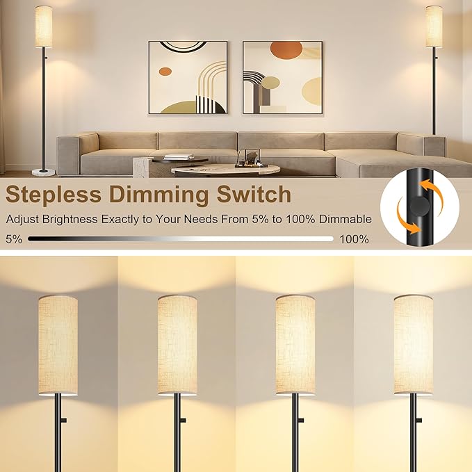 Floor Lamps for Living Room–LED Bulb Included,Dimmable Floor Lamp with Linen Shade,Modern Standing Lamp with Marble Base,Tall Floor Lamp for Bedroom,Nursery,Reading & Office,Matte Black
