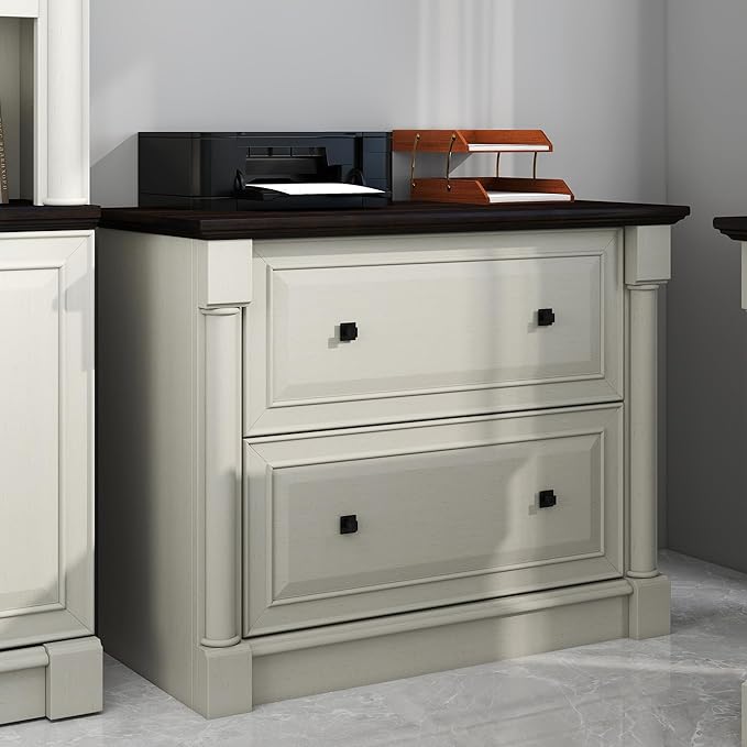 2-Drawer Roman Column File Cabinet, 36.8″ Wide Lateral File Cabinet with Hanging Folders, Fits Letter Legal A4 Size, Elegant Classic Design Home Office Boss Room Printer Stand, White and Brown top