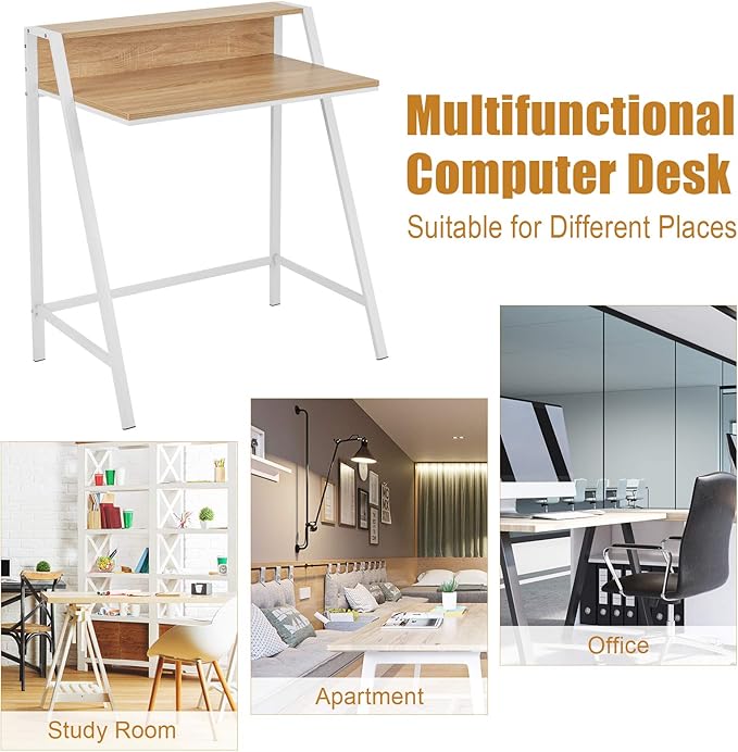 Tangkula Small Computer Desk, Compact Home Office Desk with Sturdy Frame, 2 Tier Study Writing Table for Small Place Apartment Office, Desk for Bedroom, Kid’s Desk