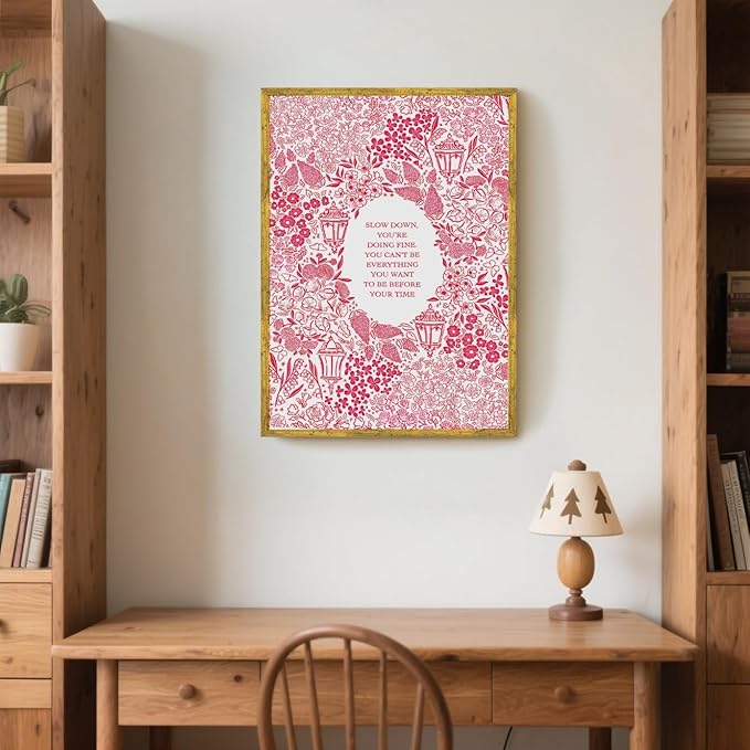 Slow Down You're Doing Fine Music Posters Motivational Quote Pink Wall Art Vintage Floral Positive Daily Reminder Song Lyrics Canvas Print Aesthetic Office Home Decor 24x36inch Golden Framed