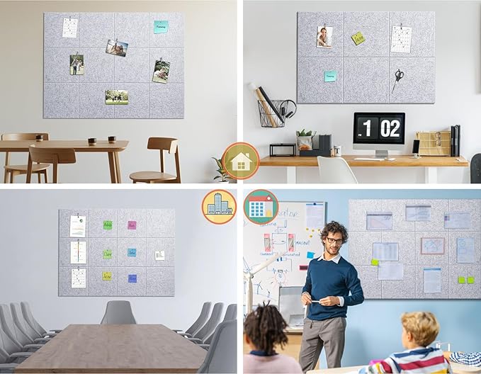 Felt Wall Tiles Bulletin Board Large Cork Board Alternative 6 Pack 11.81”x11.81”x0.47” Felt Pin Board Tack Board with Safe Removable Adhesive Tabs for Home Office School 36x24 (Silver Grey)