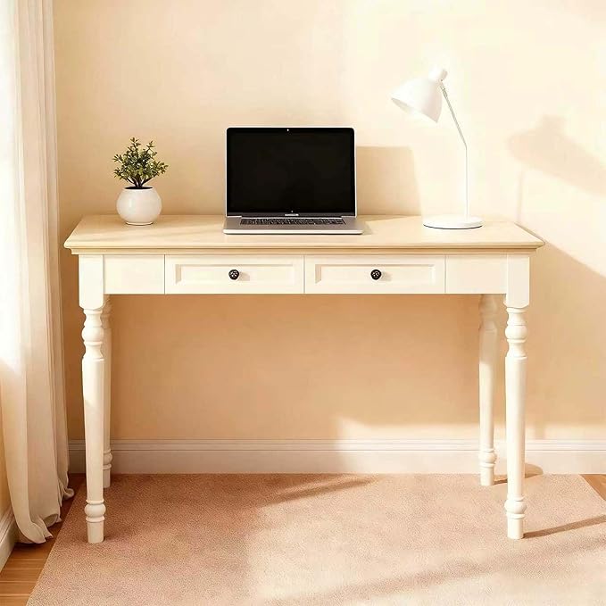 Beige Writing Desks with Drawers, 47" Solid Wood French Country Style Computer Table for Home Office, Living Room Study or Workspace