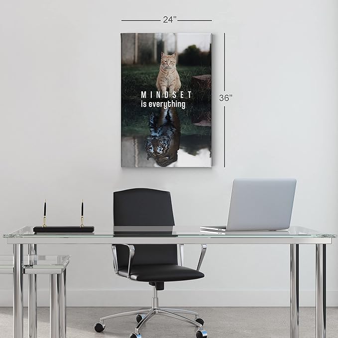 Smile Art Design Mindset is Everyting Brown Cat and Tiger Reflection Motivational Wall Art Canvas Print Inspirational Entrepreneur Quote Office Living Room Decor Gift Ready to Hang 17x11