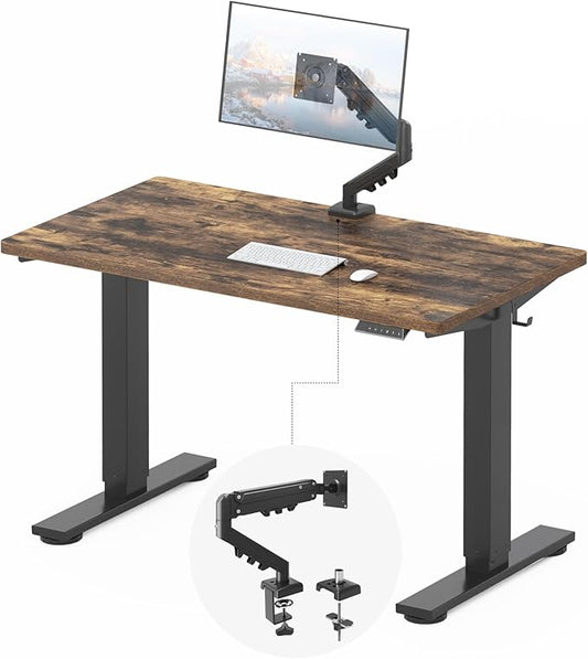 FLEXISPOT EN2 48''x24'' Standing Desk with Monitor Mount Bundle, 1" Thick One-Piece Desktop, Fully Adjustable Single Monitor Arm with Cable Management, Bundle for Office, Gaming & Study, Rustic Brown