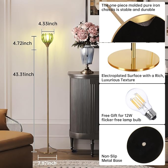 Floor Lamps for Living Room, Bedroom, Gold Standing Lamp with 12W Bulb, Vintage Floor Lamp for Reading, Nursery, Corner (Green Tulip)