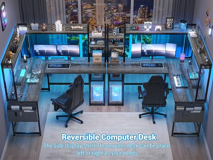 Aheaplus L Shaped Gaming Desk, Reversible L Shaped Desk with Power Outlet and Led Lights, Gaming Desks Corner Computer Desks with Hutch, Monitor Stand and Storage Bag for Home Office, Black Oak