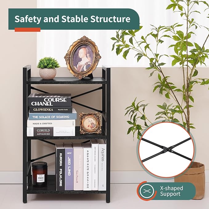 Yoobure Bookshelf Small Book Shelf, Solid Industrial 3 Tier Shelf Bookcase, Short Book Case for Bedroom, Living Room, Office Home, Small Spaces, Easy Assembly Black