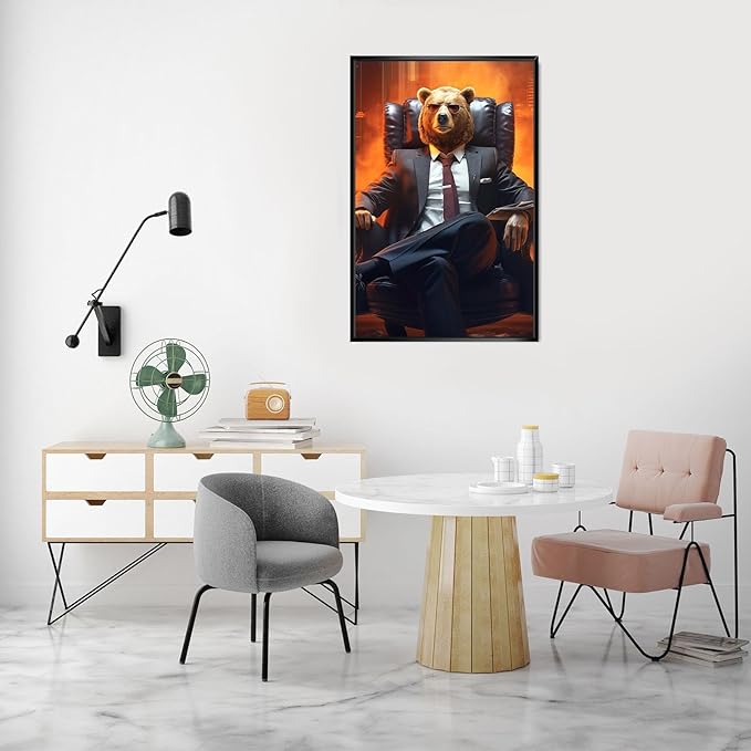 Trendy Suit Animal Bear Portrait Wall Art Funny Boss Bear Canvas Posters Work Struggle Motivation Inspiring Prints Painting For Office Living Room Wall Decor 8x12in Framed