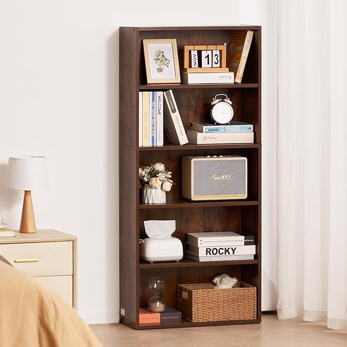 VEVOR 5 Tiers Narrow Bookshelf, 53 in Wooden Open Bookcase with Height-Adjustable Shelf, Freestanding Tall Display Storage Floor Bookcase Bookshelf for Library, Bedroom, Living Room, Office, Brown