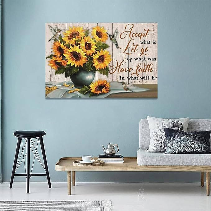 yerretin Farmhouse Sunflower Wall Art Sunflower Pictures Wall Decor Rustic Canvas Painting Modern Artwork Home Decorations for Bathroom Dining Room Kitchen Bedroom Office Framed 24"x16"