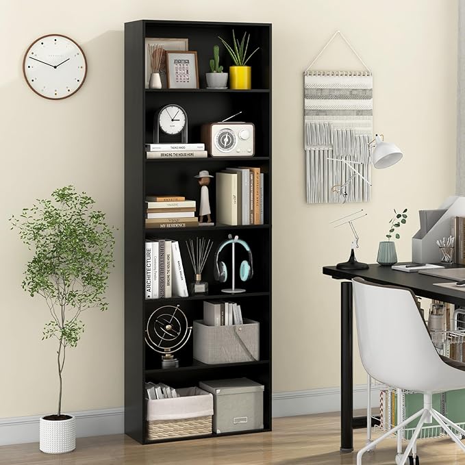 Giantex 6-Tier Bookcases Set of 2, 70" Tall Wooden Bookshelf, Freestanding Storage Organizer w/Open Shelves, Anti-Tipping Kits, Modern Floor Standing Display Shelves for Living Room, Bedroom, Black