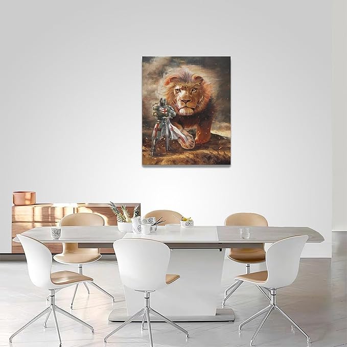 yerretin Christian Lion Of Judah Wall Art Lion Warrior Pictures Wall Decor Religious Knight Canvas Painting Home Decorations Artwork for Bathroom Bedroom Living Room Office Framed 16"x20"