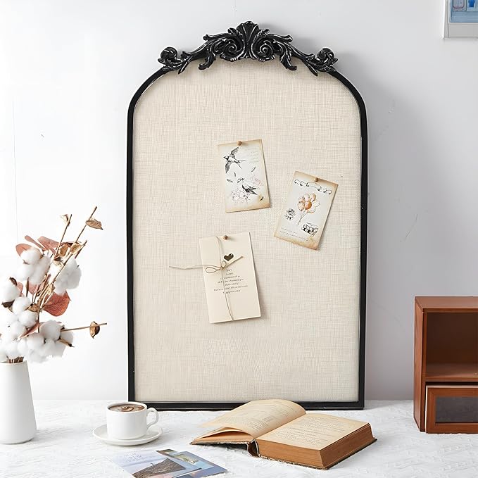 Vintage Framed Pin Board Linen Display Bulletin Board Large Cork Fabric Picture Photo Pinboard Memo Ornate Decorative Pinboard Ornate for Wall Gift(Arch,19" X 31",Vintage Black)