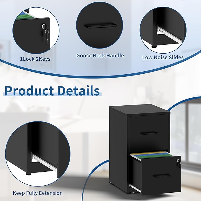 2 Drawer File Cabinet with Lock, Metal Filing Cabinet for Home Office, Vertical File Cabinet for Letter/Legal/A4/F4 Documents, Easy to Assemble Steel Storage Cabinet