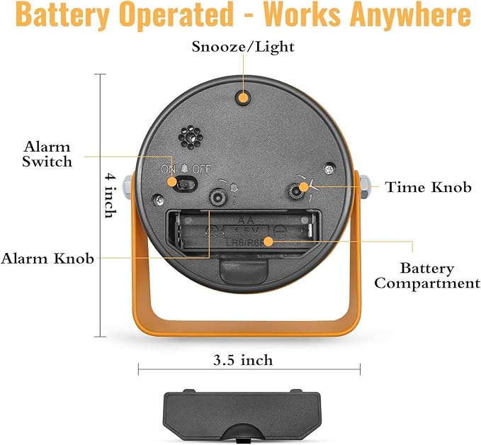3.5 Inch Small Desk Alarm Clock, Battery Operated Analog Silent Clock with Night Light, Retro Vintage Metal Bedside Clock for Bedroom, Office, Bathroom, Dorm, Shelf, Table - Orange