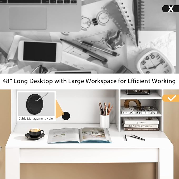 Giantex White Desk with Hutch, Home Office Desk with Bookshelf, Computer Workstation PC Laptop Table with Anti-Toppling Device & Cable Hole, Modern Study Writing Desk for Small Spaces, Bedroom