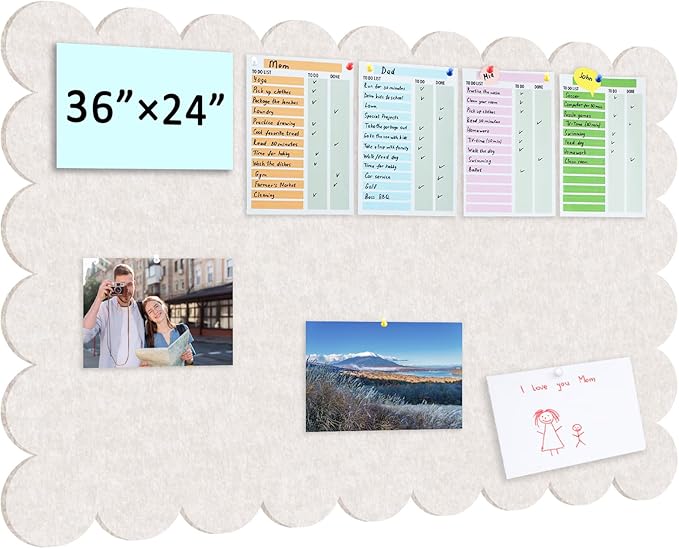 Beige Scalloped Felt Bulletin Board - 36 x 24 Inches Large Felt Board Foldable Cork Board Alternative Photo Board Self-Adhesive Vision Board Decorative Pin Board for Wall