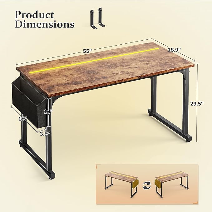 Computer Desk 55 Inch Home Office Desks with Storage Bag,Gaming Writing Work from Home Study Desk with Adjustable LED Lights,Office Desk with Headphone Hook Sturdy Metal Frame, Rustic Brown