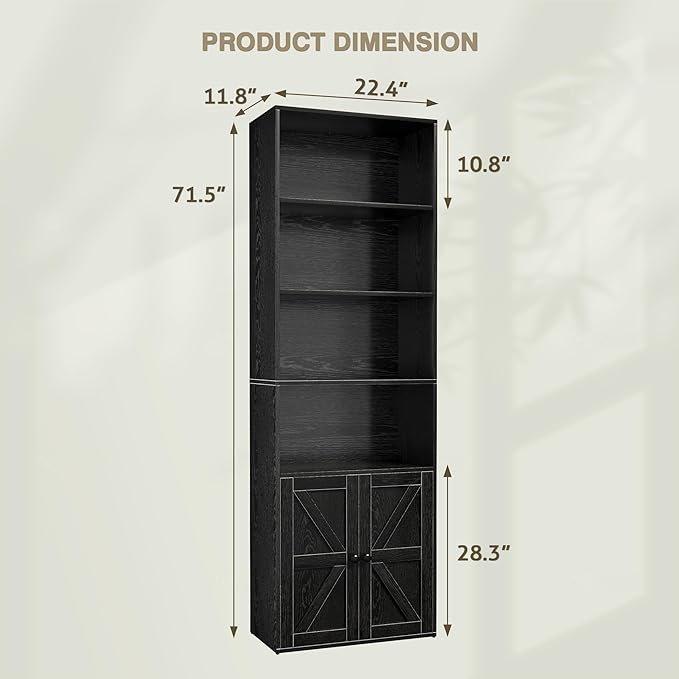 YESHOMY 6 Tier Bookcase and Bookshelf, Tall Book Shelf with Doors & Adjustable Shelves, Floor Display Storage Cabinet Home Decor for Living Room, Office, Black