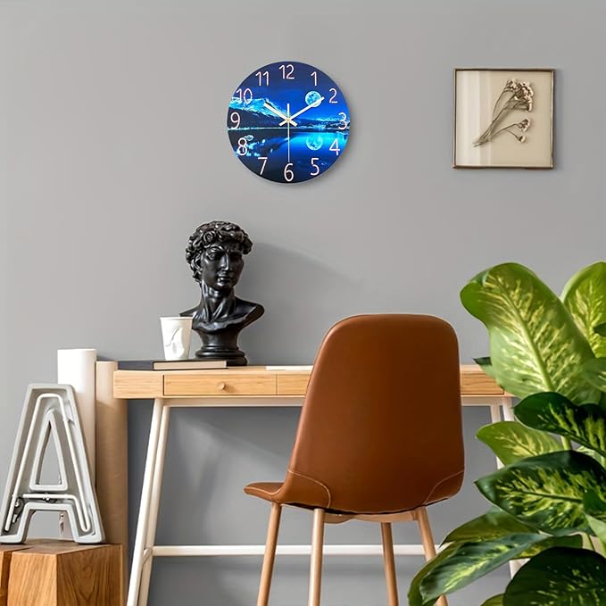 Blue Wall Clock for Bedroom 12 Inch Natural Landscape Round Analog Clock Battery Operated Moon Wall Clock Non Ticking