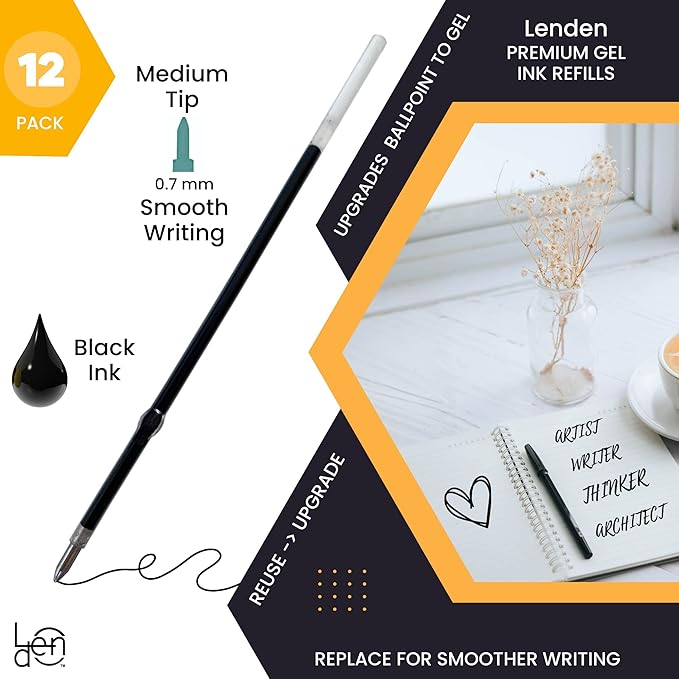 Pack of 12 Gel Ink Refill for Retractable Pens, Medium Tip Point 0.7mm, Black Ink, Fits Retractable Pen, Universal Size Refill, 115mm/11.5cm/4.5 inches (Black, 115mm)