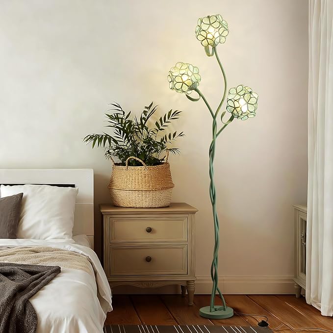 Vintage Tiffany Floral LED Floor Lamp for Living Room, Tall Green Standing Lamp with Adjustable Heads, Unique Flower Light for Bedroom, Artistic Standing Light for Girls Kids Nursery Room Decor